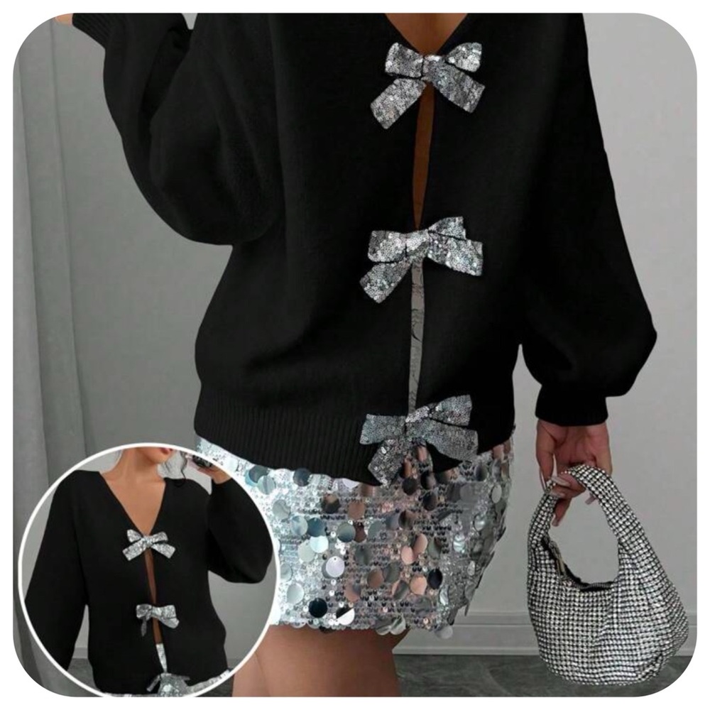 Shein Reversible Sequins Bow Cardigan Sweater,  S (4) NWT (Fit like a L)